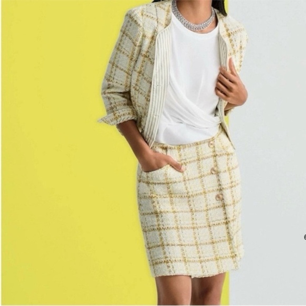 NWT CAbi SZ 8 Y2K  Coco Tweed Boucle White Yellow Checkered Pencil Mini Skirt - Picture 2 of 9